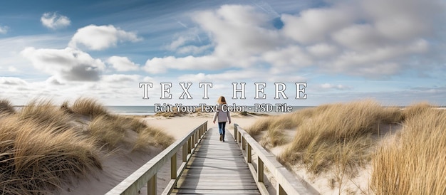 Back view of a young girl walking on a wooden boardwalk Generative AI