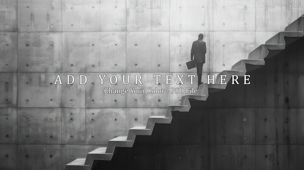 PSD back and white businessman holding files climbing stairs on concrete wall