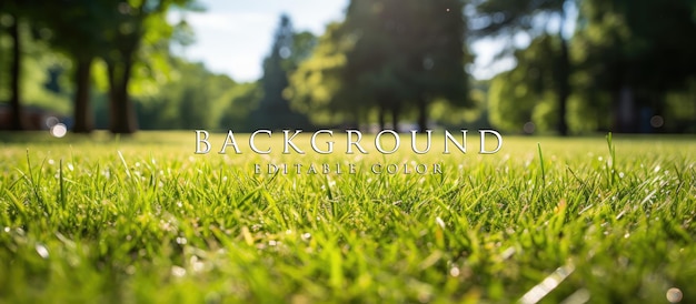 PSD background image of a beautiful blurred spring lawn surrounded by trees with clouds on a sunny day