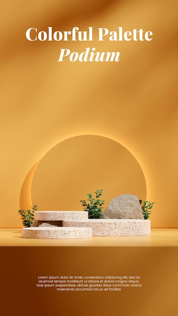 backlit yellow circle background 3d render template mockup cylinder terrazzo podium in portrait