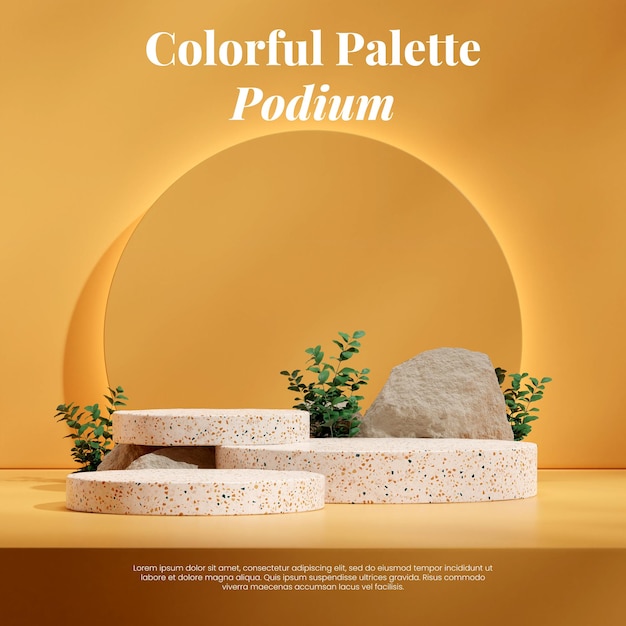 backlit yellow circle background 3d render template mockup cylinder terrazzo podium in square