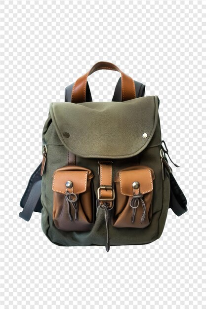 a backpack with a brown leather strap that says leather