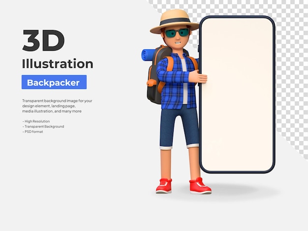 Backpacker holding blank white smart phone screen while standing 3d cartoon character illustration