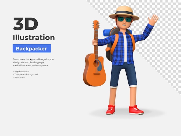 Backpacker playing guitar 3d cartoon character illustration