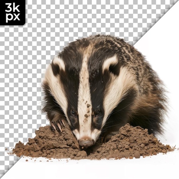 a badger is looking at the camera and is in front of a black and white background