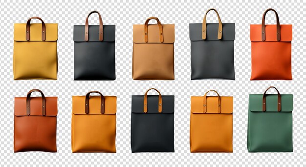 PSD bag mockup collection of various colors isolation on transparent background