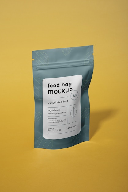 PSD bag mockup with dehydrated fruit