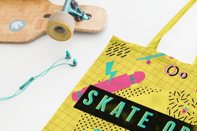 PSD bag mockup with skateboard concept