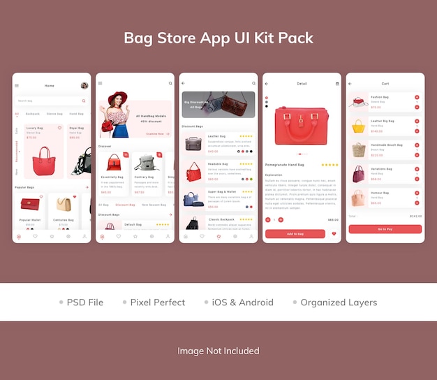 PSD bag store app ui kit pack