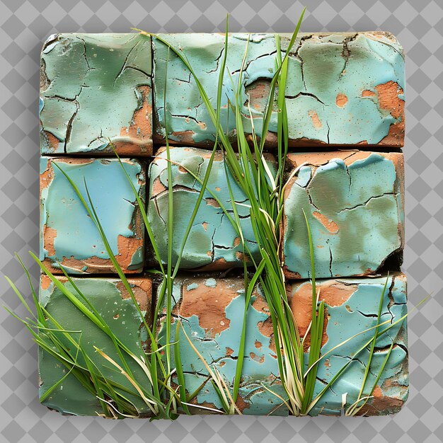 PSD bahia grass with terracotta and blue pottery shards and gree isolated green texture on clean bg