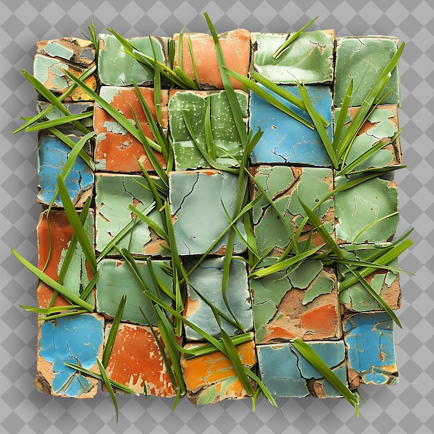 PSD bahia grass with terracotta and blue pottery shards and gree isolated green texture on clean bg