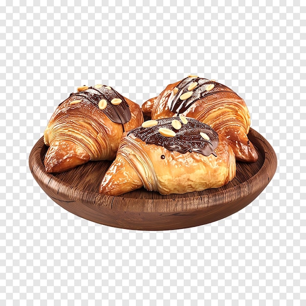 PSD baked pastries with chocolate cream and almonds on a transparent background