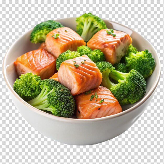 PSD baked salmon bites with steamed broccoli florets in a white bowl isolated on transparent background