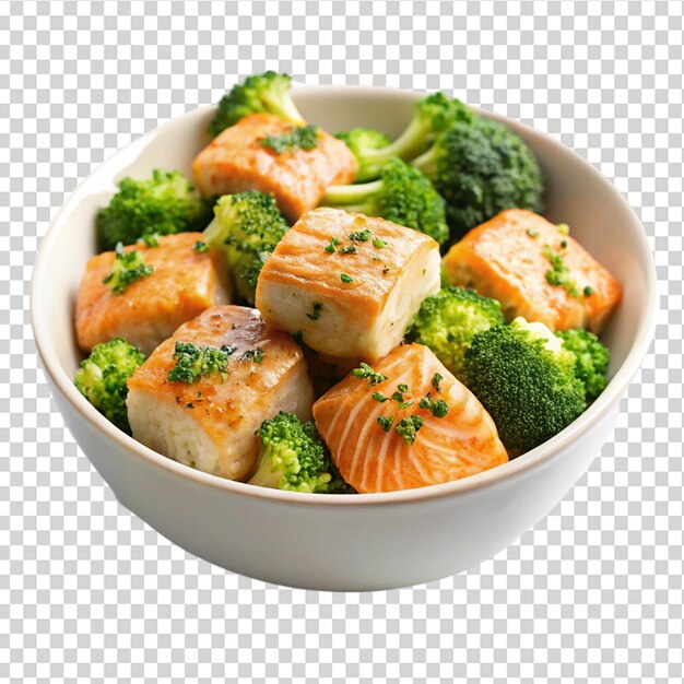 PSD baked salmon bites with steamed broccoli florets in a white bowl isolated on transparent background