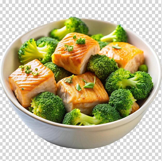 PSD baked salmon bites with steamed broccoli florets in a white bowl isolated on transparent background