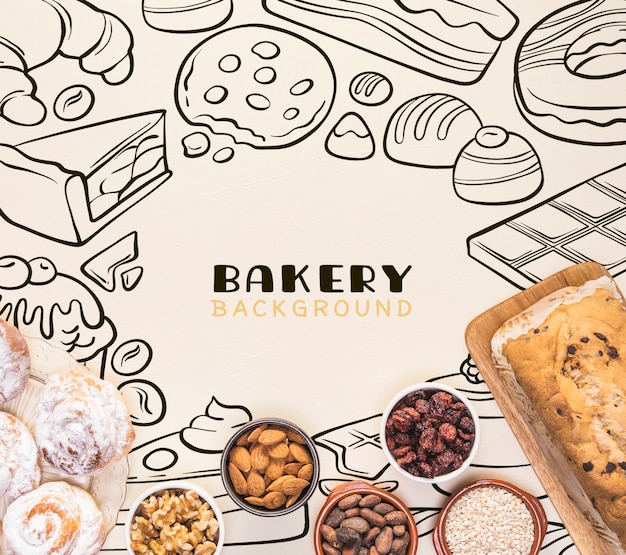 Bakery background hand drawn design with nuts in bowls