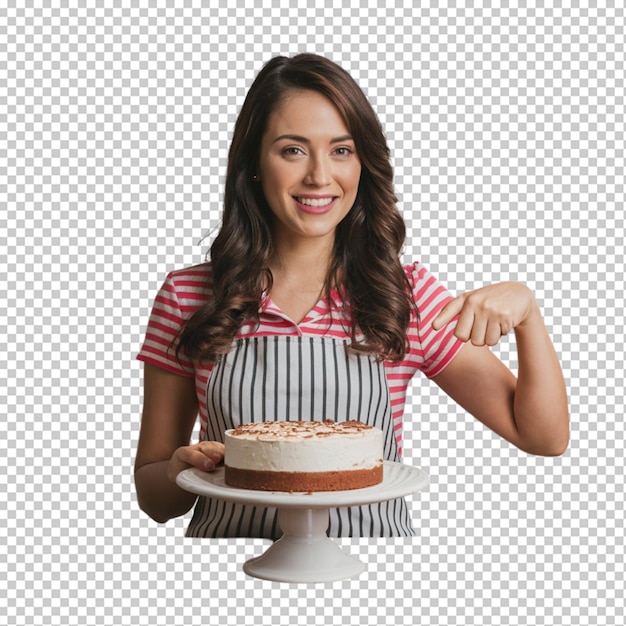 PSD baking woman with cake a sweet treat prepared pointing to the side isolated on transparent