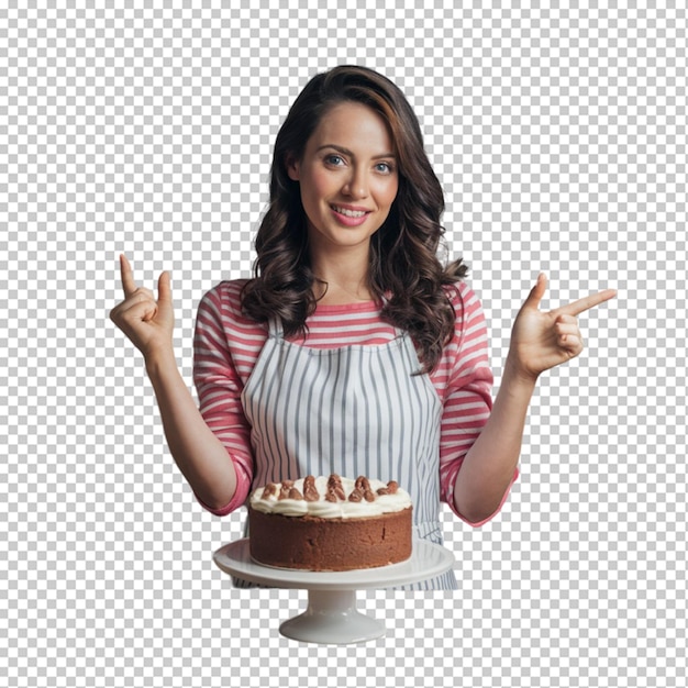 PSD baking woman with cake a sweet treat prepared pointing to the side isolated on transparent