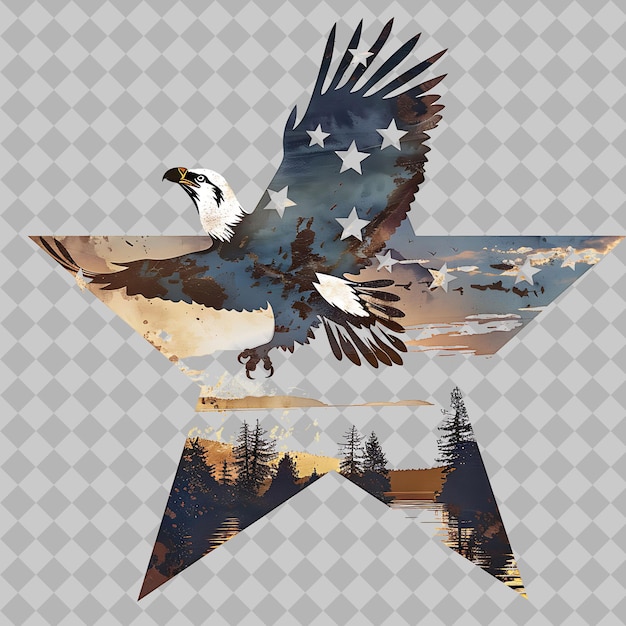 PSD bald eagle within an irregular star silhouette lakeside soar png watercolor wild life collections