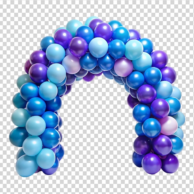 PSD balloon arch with blue and purple balloons on transparent background