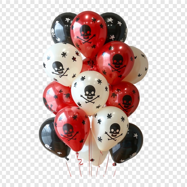 Balloon bouquet with bats and Halloween pumpkin face patterns isolated on transparent background