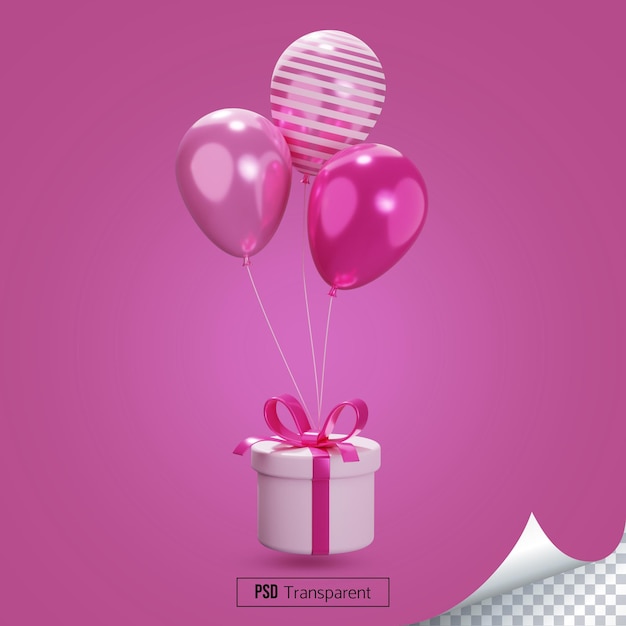 Balloons lifting gift box 3D rendering Present consept