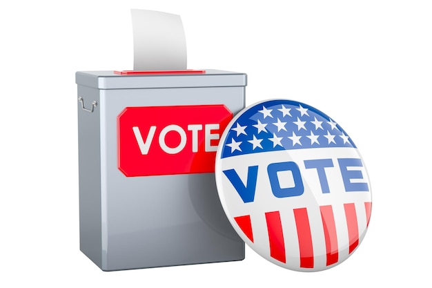 PSD ballot box with vote badge election in the usa concept 3d rendering isolated on transparent background