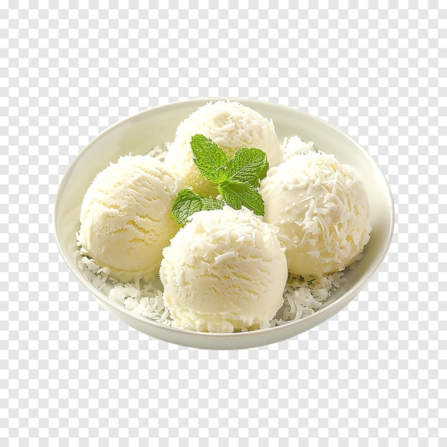 Balls of coconut ice cream with coconut flakes and green mint isolated on a transparent background