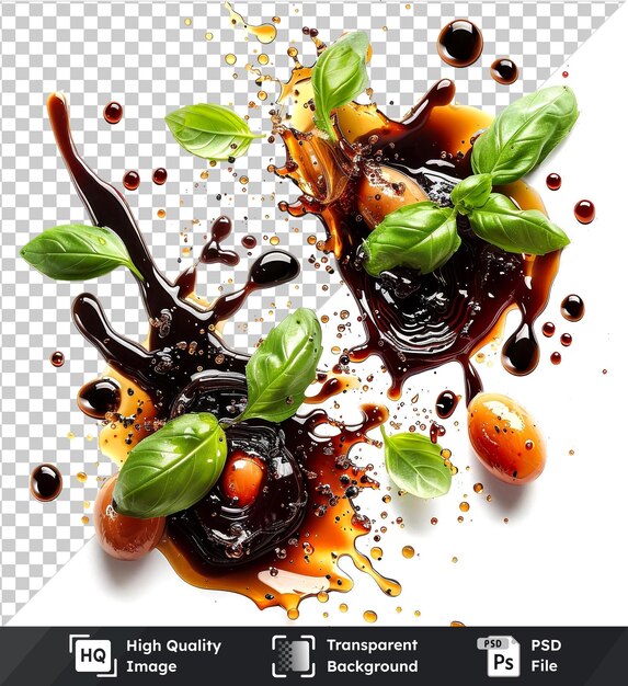 PSD balsamic vinegar and basil splatter isolated on transparent background accompanied by a green leaf