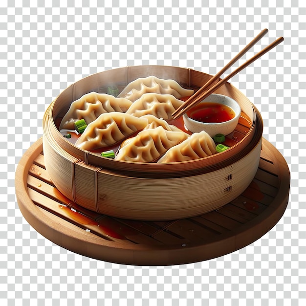 A bamboo bowl of hot dumplings with sauce transparent background