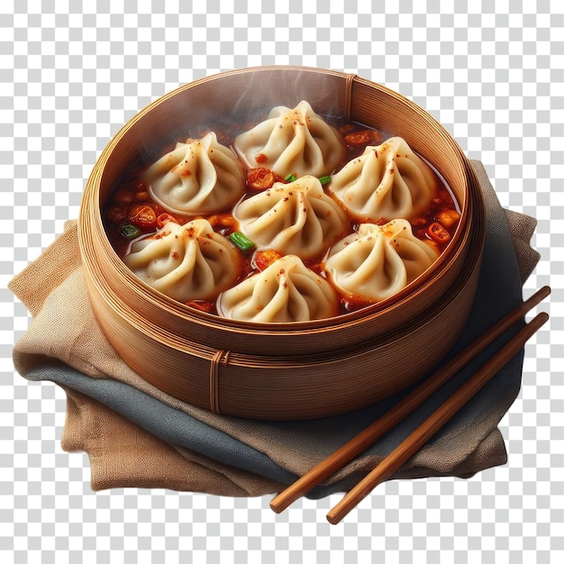 bamboo bowl of hot spicy dumplings transparent background