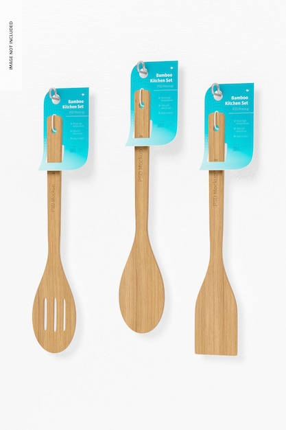 Bamboo Kitchen Utensils Set Mockup, Hanging