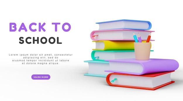 Banner back to school Stack of books with pencils 3D render