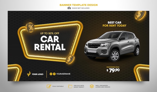 PSD banner big offer car rental in 3d render template design