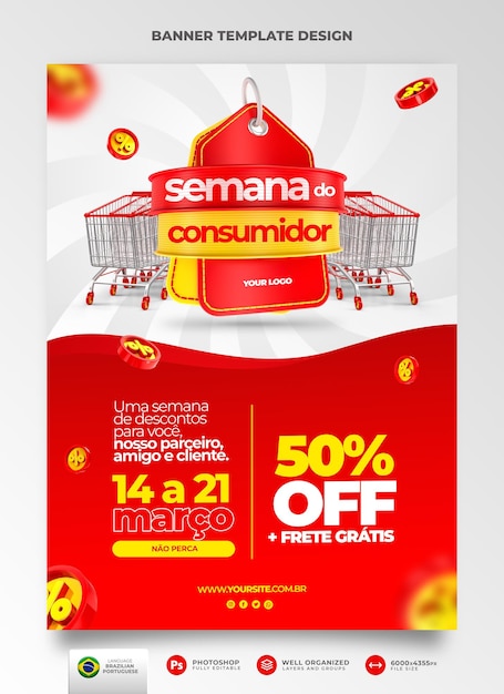 Banner consumer week 3d render in portuguese for marketing campaign in brazil of offers