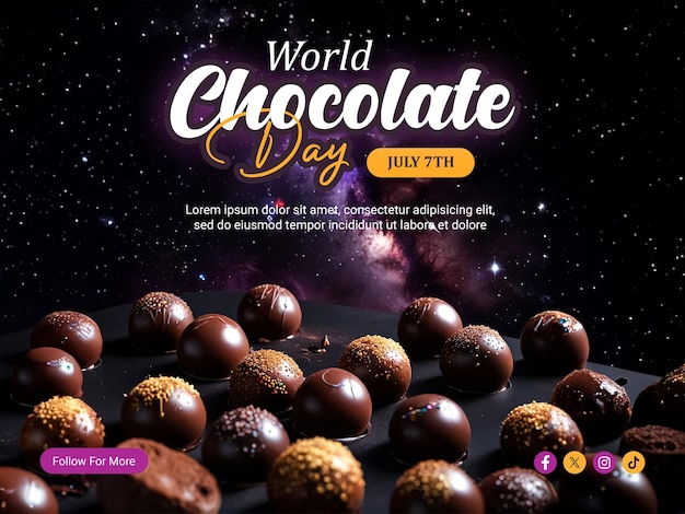 PSD banner design template for world chocolate day with galaxy and chocolate