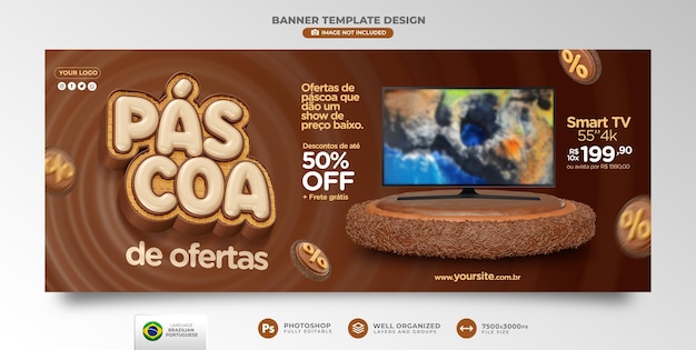 Banner easter of offers in portuguese 3d render for marketing campaign in brazil