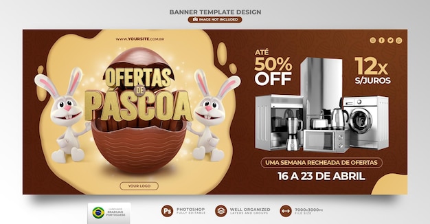 Banner easter offers in portuguese 3d render for offer campaign in brazil