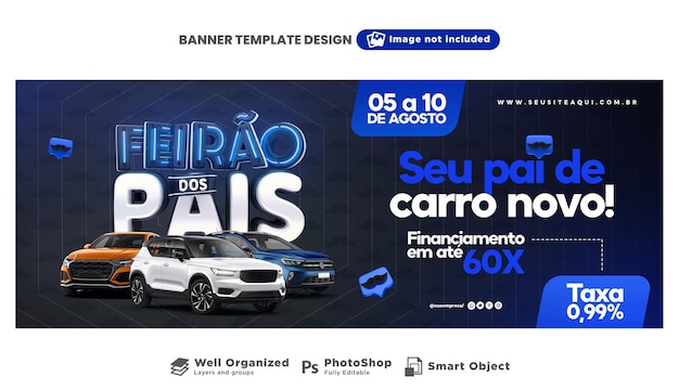 Banner fathers day auto fair social media 3d render template design in portuguese