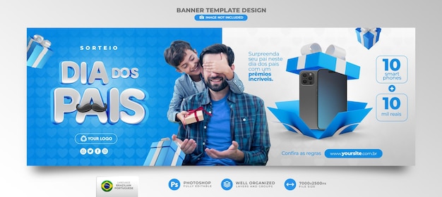 Banner fathers day promotion 3d render template design in brazilian portuguese