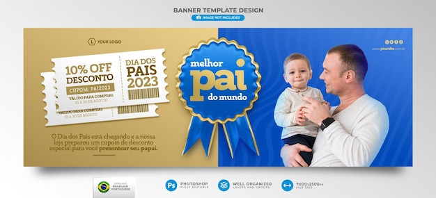 Banner fathers day promotion 3d render template design in brazilian portuguese