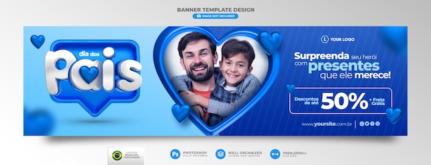 Banner fathers day promotion 3d render template design in brazilian portuguese