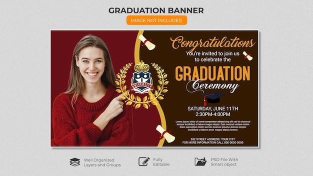 A banner for a graduation ceremony is shown.