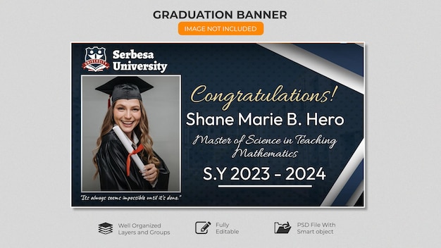 A banner for a graduation ceremony with a picture of a graduate.