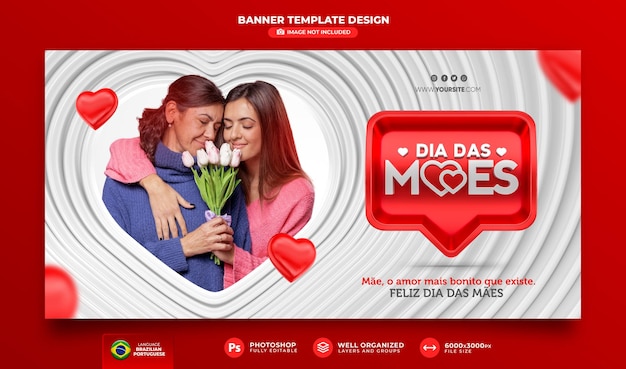 Banner Happy Mother's Day in Portuguese 3d render for marketing campaign in Brazil