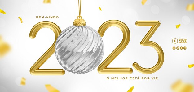 PSD banner happy new year 2023 in portuguese 3d render template for marketing campaign in brazil