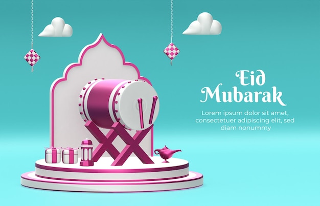 Banner Islamic ramadan Eid mubarak greetings with 3D composition podium drum gift box clouds