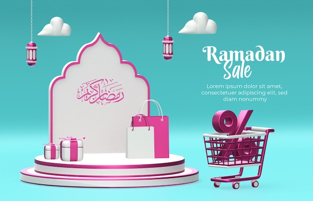 Banner Islamic ramadan sale greetings with 3D composition podium gift box cart trolley lantern