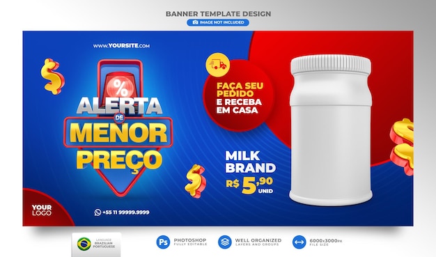 Banner Low Price alert for marketing campaign in brazil template design in portuguese 3d render