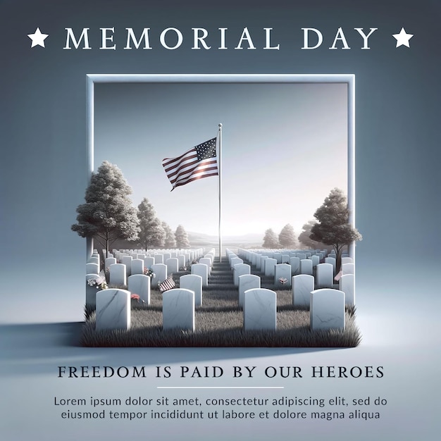 A banner for memorial day by a cemetery with a flag